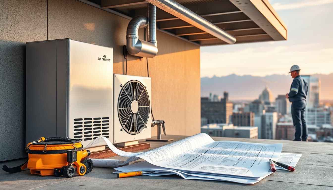 a sleek, modern hvac system installation in an urban denver setting, showcasing blueprints, building codes documents, and tools laid out beside the system. the background features the denver skyline with its iconic mountains, under a clear sky, while a construction worker checks the installation, embodying professionalism and compliance with local regulations.