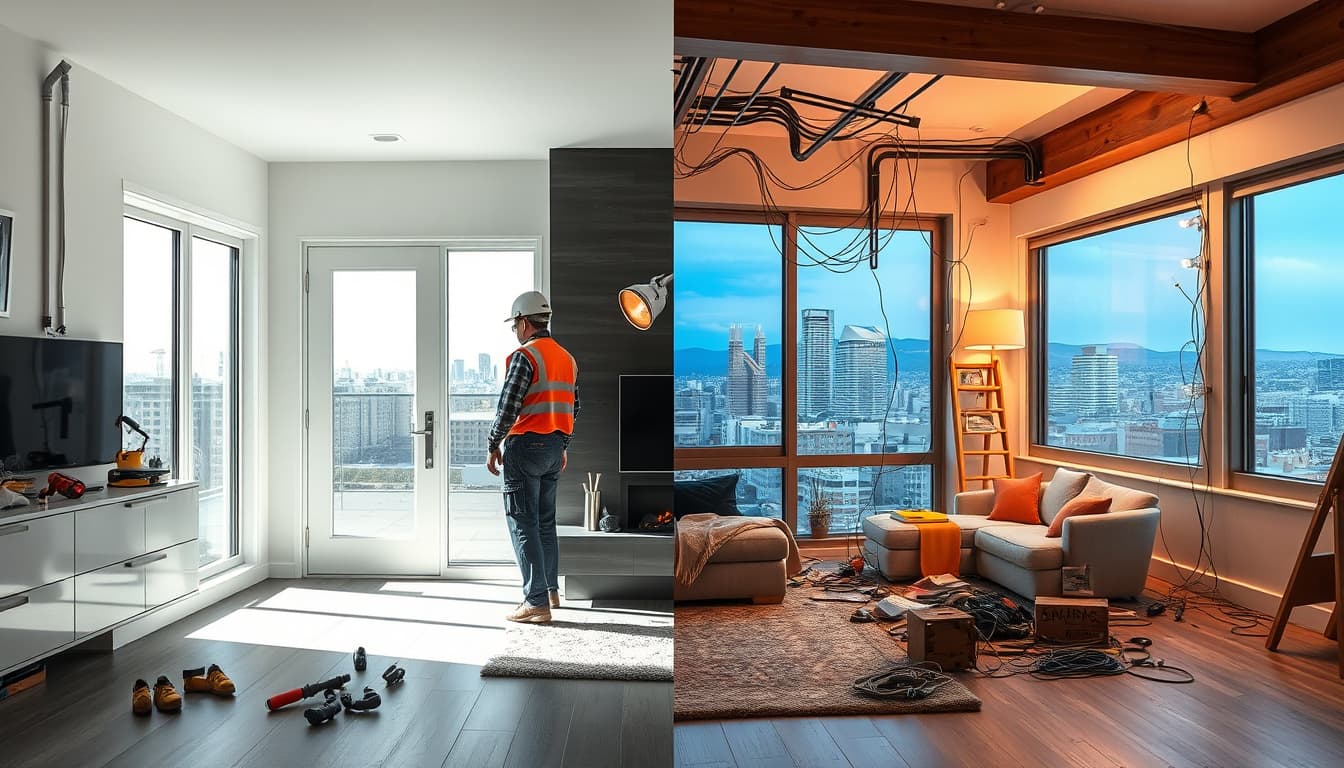 a split scene showing a modern denver home interior demonstrating legal electrical upgrades on one side, featuring licensed electricians with tools and safety gear, and illegal work on the other side with messy, unsafe wiring and a chaotic environment. the background includes iconic denver scenery, emphasizing a contrast between professional craftsmanship and hazardous diy practices.