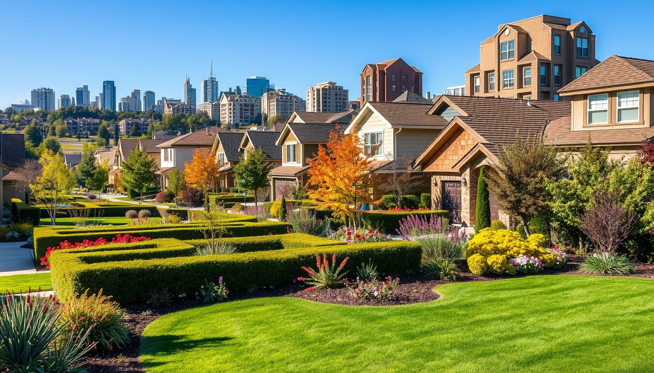a scenic denver neighborhood featuring a variety of beautifully landscaped yards, contrasting a well-maintained garden with colorful flowers and greenery against a backdrop of city buildings and a clear blue sky. include subtle signs of hoa regulations, such as neatly trimmed hedges and uniform garden designs, alongside elements of city code like diverse, eclectic landscaping styles in public areas.