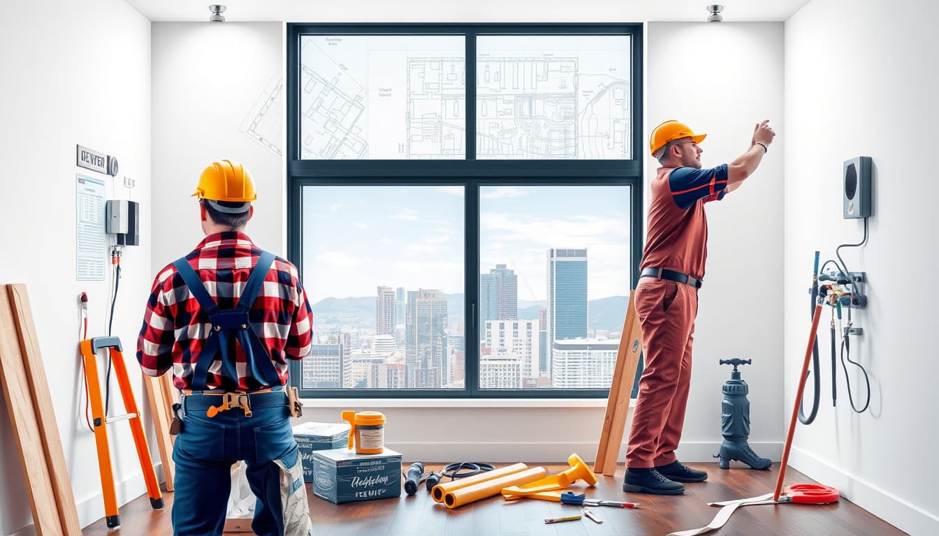 a collage of modern home interior renovation scenes featuring electricians and plumbers working on electrical wiring and plumbing systems. the background includes blueprints and tools, symbolizing compliance with building codes, with elements of denver architecture, such as the city's skyline visible through a window.