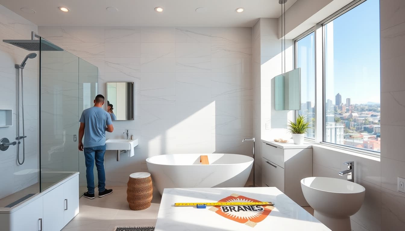 a modern bathroom remodel scene set in a stylish denver home, showcasing sleek fixtures, elegant tiles, and a team of professionals at work. include elements like measuring tools, designs on a table, and the picturesque denver skyline visible through a window.