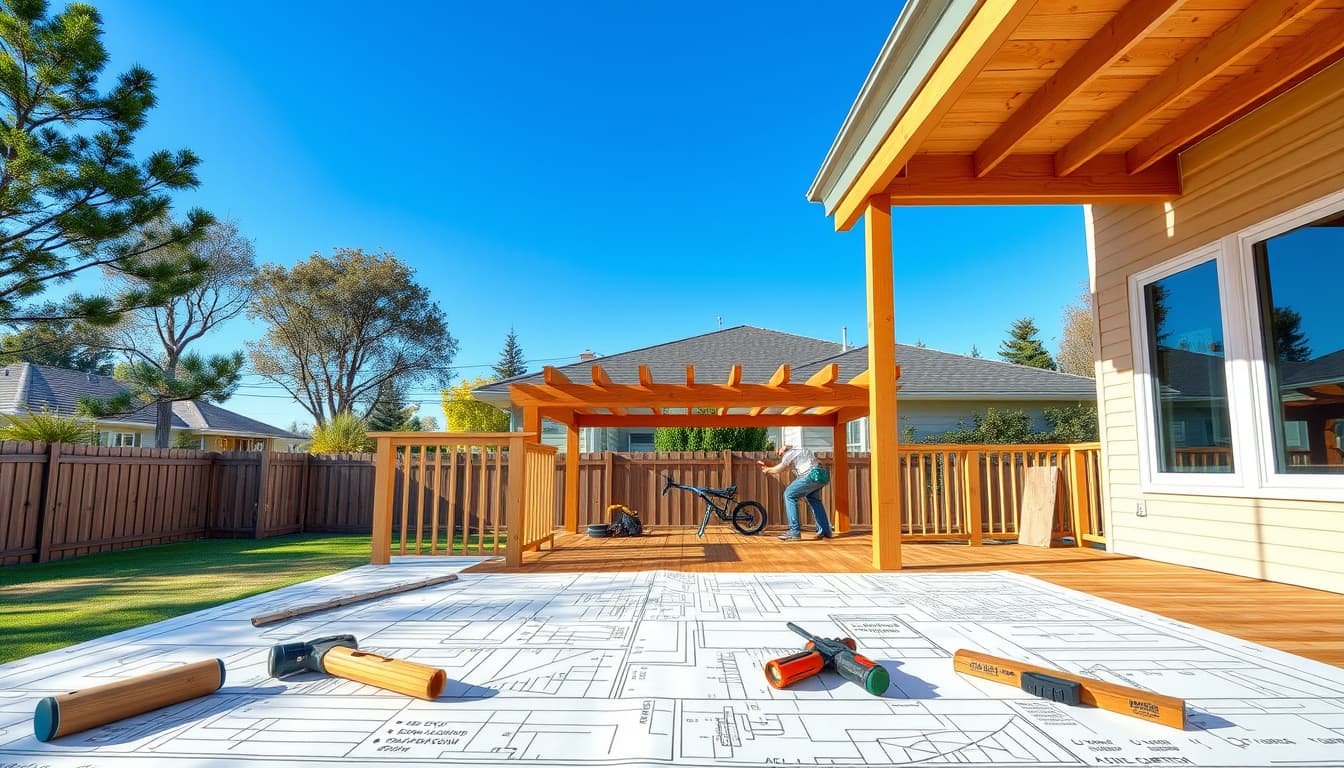 an architectural blueprint featuring a detailed deck design, emphasizing safety features and compliance standards. the scene is set in a suburban backyard with a deck being constructed, surrounded by trees and a clear blue sky, showcasing tools and materials used in the building process.