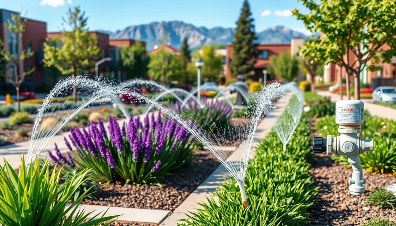an urban landscape featuring advanced irrigation systems in a vibrant denver neighborhood, incorporating lush green gardens, innovative water conservation technology, and visible backflow prevention devices. the scene captures the harmony between nature and modern infrastructure against a backdrop of the rocky mountains.