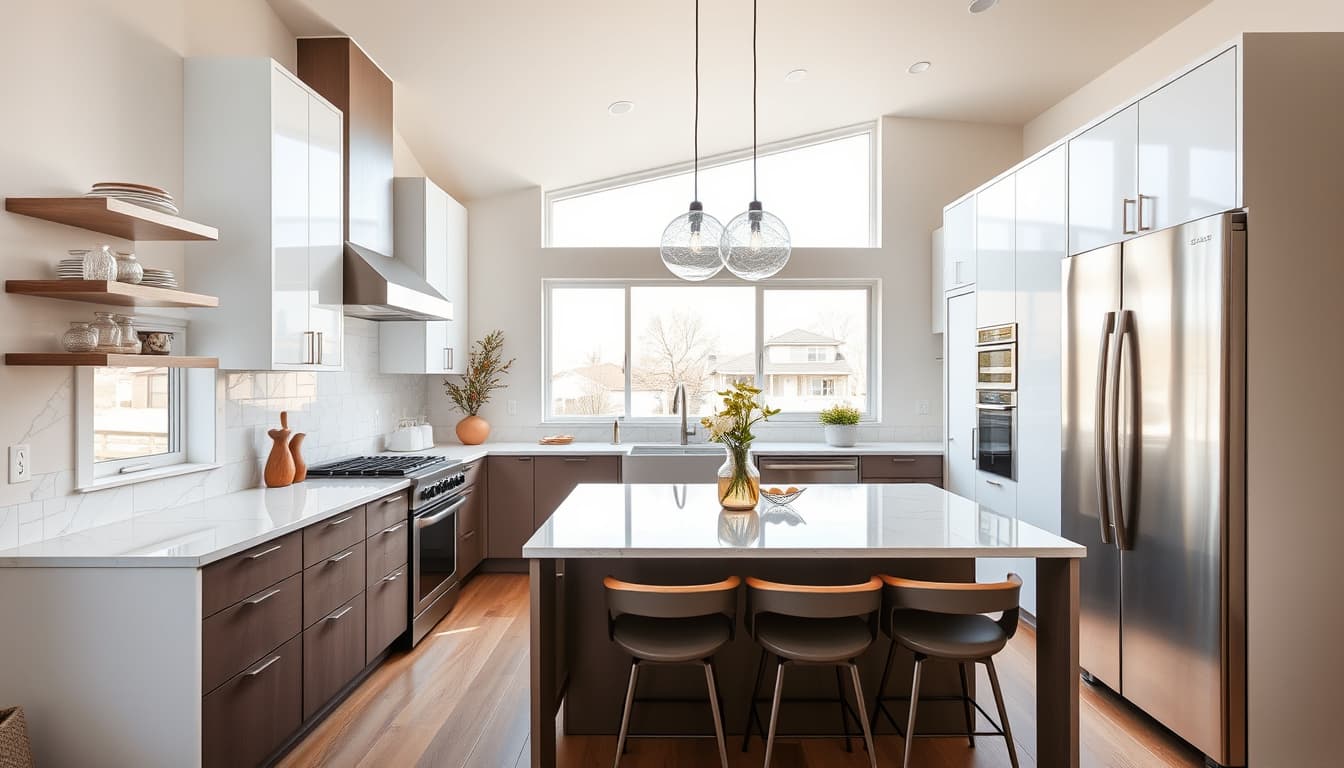 a beautifully remodeled kitchen in a modern denver home, showcasing sleek cabinetry, white marble countertops, and stainless steel appliances, with a focus on functional design and aesthetics. include elements like natural light streaming through large windows and an inviting dining area.