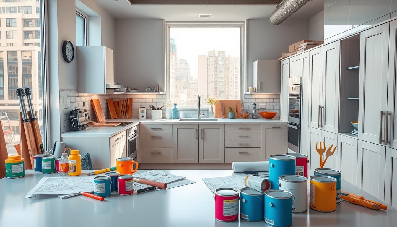 a modern kitchen undergoing a stylish remodel, showcasing a variety of construction tools, vibrant paint cans, and materials scattered around. natural light filters through a window, illuminating design plans and an array of cabinetry options, highlighting the transformation process in a bustling urban environment.