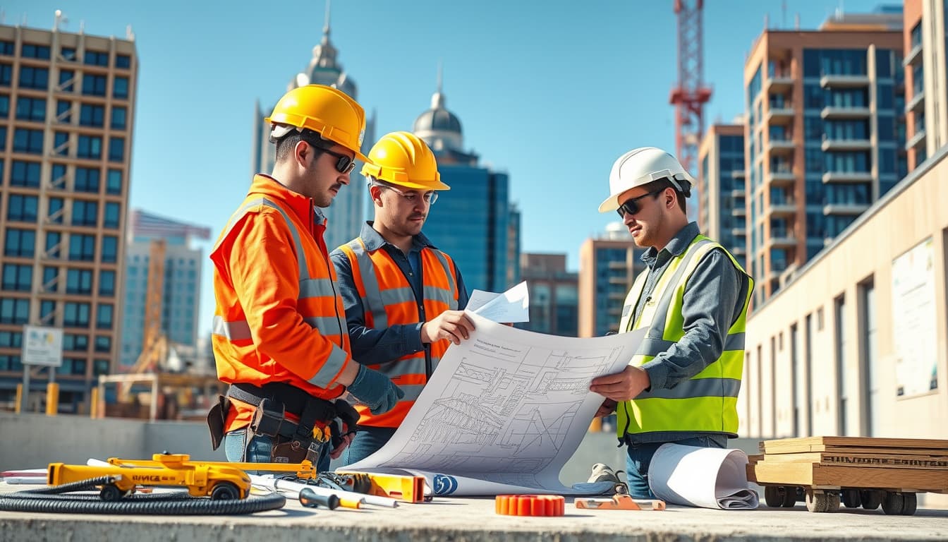 a detailed scene showcasing electricians working on a construction site in denver, surrounded by tools and materials. include distinctive denver architecture in the background, with clear signage of building codes being adhered to, while technicians consult a blueprint and measure dimensions carefully.