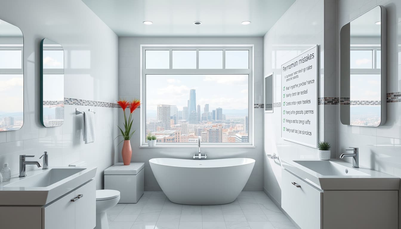 a bright and modern bathroom with sleek fixtures, freshly painted walls, and stylish tile designs, featuring a visually appealing checklist on the wall highlighting common renovation mistakes, set against a backdrop of a charming denver skyline visible through a window.