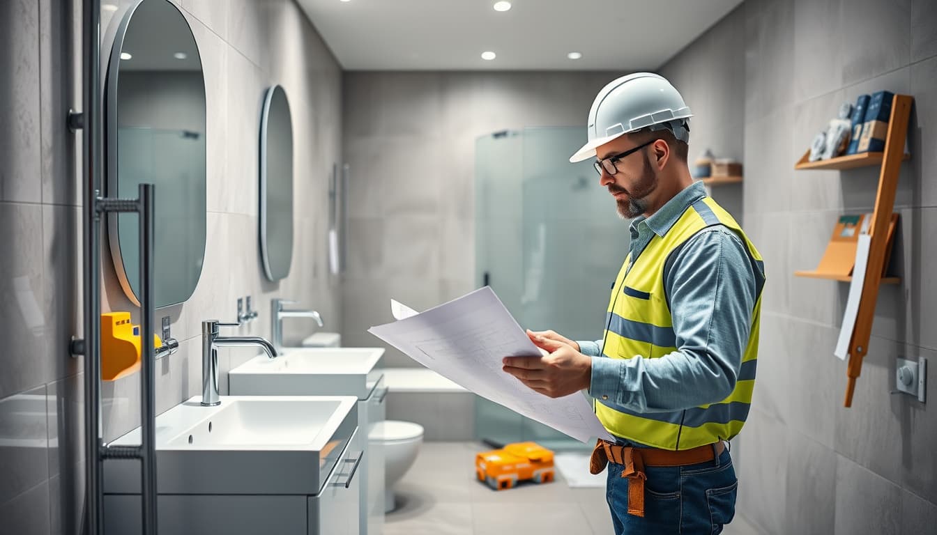 a modern bathroom featuring sleek fixtures and compliance materials, with an architect examining blueprints, surrounded by tools and construction materials, set in a well-lit space that showcases safety and design elements.