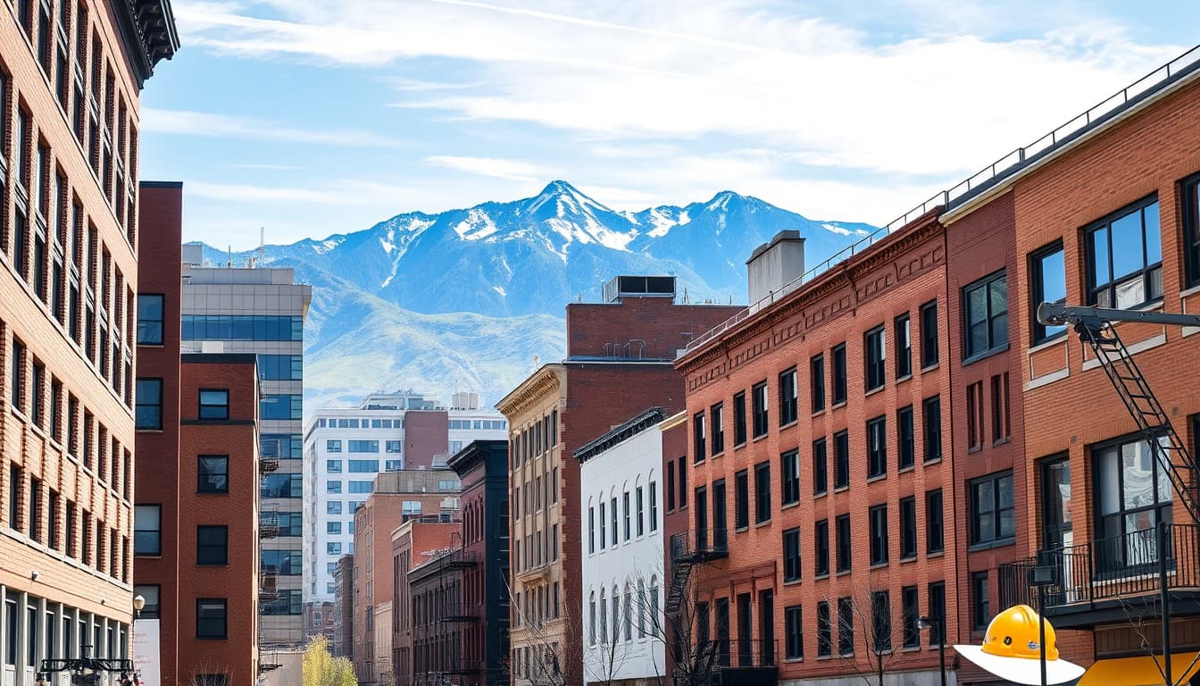 a detailed view of denver's urban architecture featuring traditional masonry buildings, showcasing a blend of historic and contemporary styles, with a backdrop of the rocky mountains under a bright blue sky. include elements that suggest city code compliance, like construction tools, hard hats, and architectural plans, integrated into the scene.