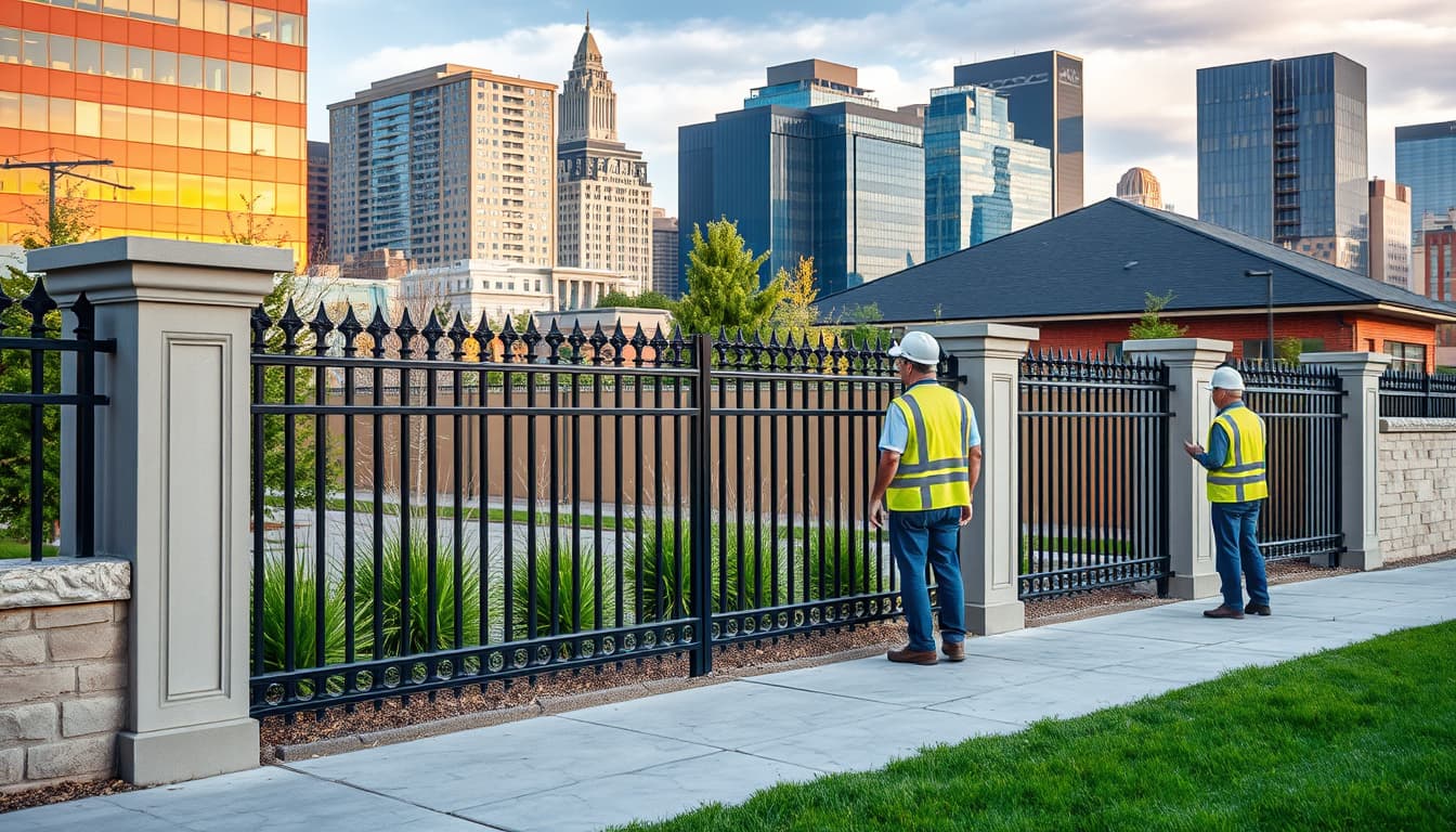 an urban scene in denver featuring a beautifully designed fence around a property, with a focus on the architectural details. in the background, city buildings reflect a vibrant skyline, while inspectors in safety vests observe and oversee the fencing work, highlighting adherence to city code regulations.