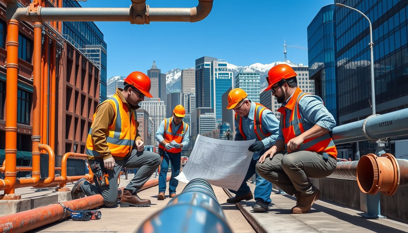 a detailed scene of a plumbing inspection in a city environment, featuring a diverse team of inspectors examining pipes and drainage systems in a bustling urban setting, with denver skyline in the background, incorporating elements like tools, blueprints, and pipes. highlight the city's character through architecture, mountains, and a clear blue sky.