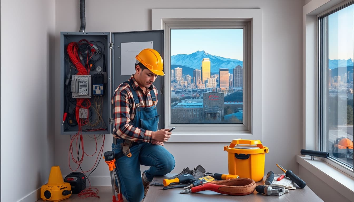 a skilled electrician working on a residential electrical panel in a modern denver home, surrounded by tools and safety gear. the scene showcases a vibrant city skyline of denver visible through a window, with mountains in the background, symbolizing the blend of urban and natural landscapes.