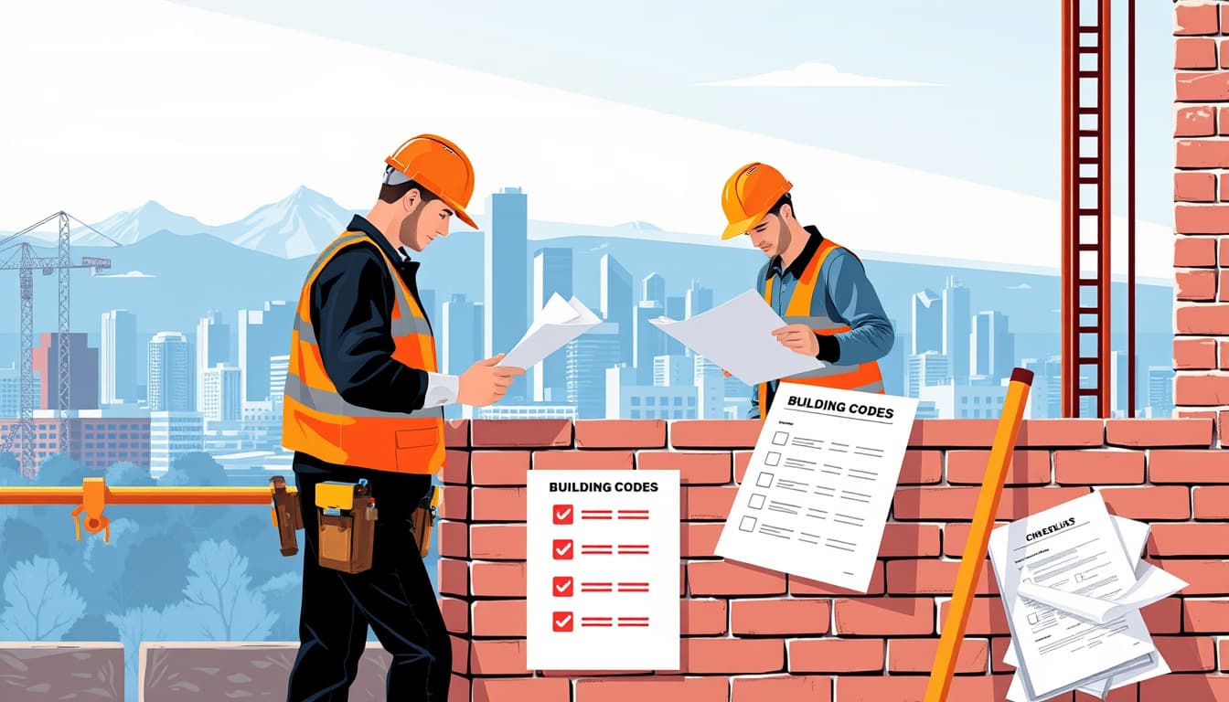 an illustrated scene of a construction site in denver featuring skilled masons working on a brick wall, with a supervisor checking plans. the backdrop includes the denver skyline with mountains in the distance, construction tools, blueprints, and a checklist for building codes displayed prominently.