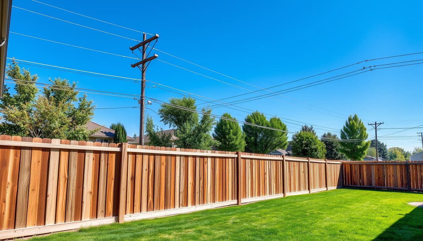 a scenic view of a suburban area in denver showing a residential backyard with a pristine wooden fence, adjacent to a clear utility easement. include elements such as utility poles, mature trees lining the property, and a sunny blue sky, highlighting the balance between nature and infrastructure.