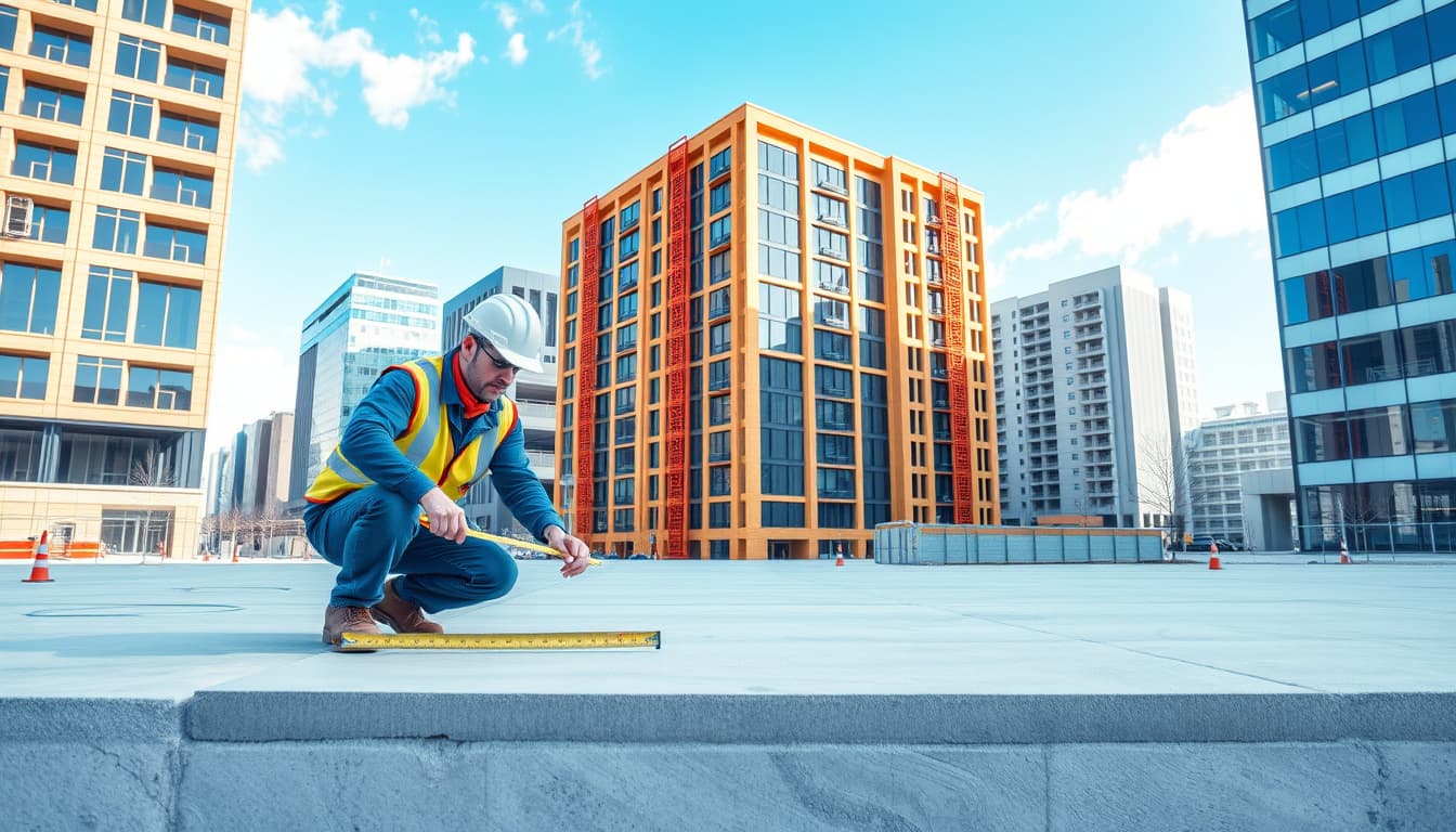 an architectural visualization showing a construction site in denver, featuring a worker measuring the thickness of a concrete slab with surrounding buildings under a clear blue sky, emphasizing modern urban architecture and compliance with building codes.