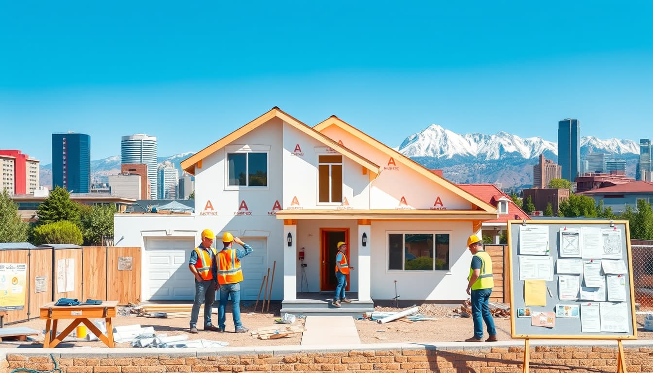 a bustling construction site in denver featuring a partially renovated house with workers wearing safety gear, blueprints scattered around, and various construction permits pinned to a board; the background showcases iconic denver architecture and the rocky mountains under a clear blue sky.