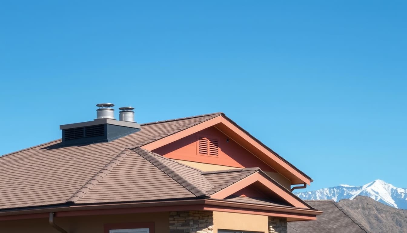 a scenic view of a suburban denver home with a detailed roof showcasing newly installed ventilation systems, surrounded by the rocky mountains in the background. the sky is clear and blue, emphasizing the vibrant community and construction activity.