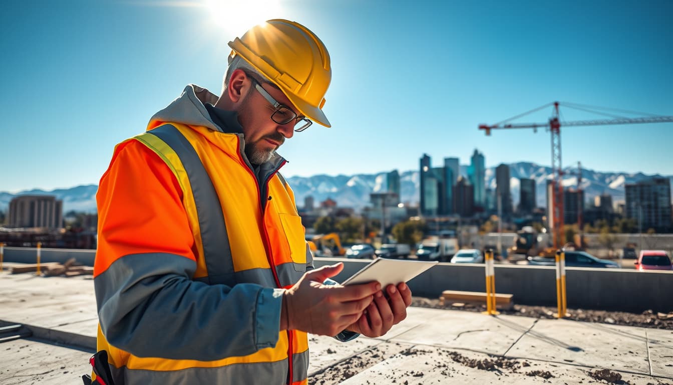 a detailed view of a construction site in denver, showcasing a city inspector examining concrete samples under bright sunlight, with the denver skyline featuring the rocky mountains in the background. the scene should highlight concrete textures, construction tools, and urban elements typical of denver.