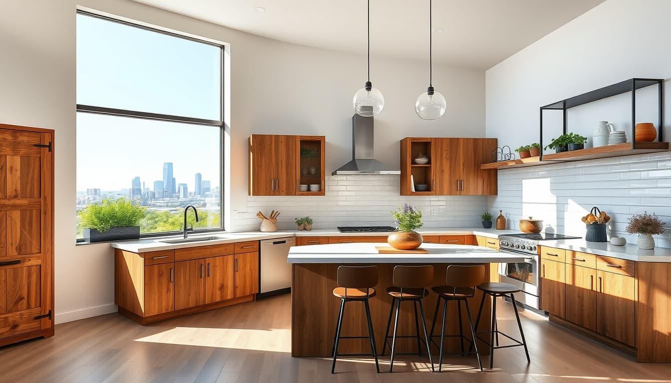 an inviting, modern kitchen featuring diy renovations, with natural light streaming through a large window. the scene includes rustic wooden cabinets, a stylish island with bar stools, open shelves displaying kitchenware, and a fresh herb garden on the windowsill, set against the backdrop of denver's skyline visible through the window.