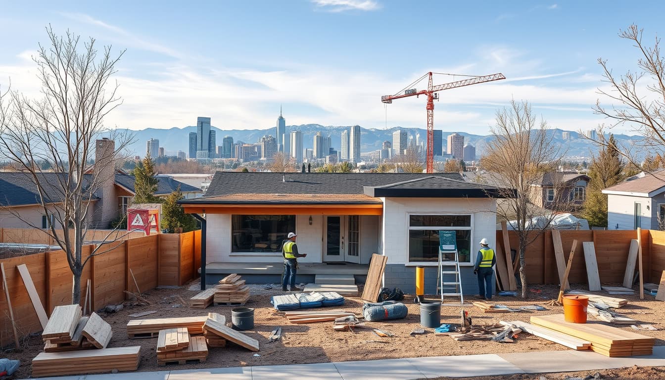 a busy construction site featuring a residential home being remodeled in denver, with builders and contractors working, building materials like wood and tools scattered around, and a backdrop of denver's skyline and mountains. the scene highlights modern architecture and the contrast between old and new elements.