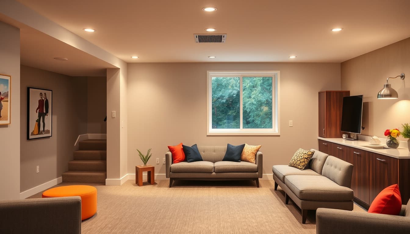 a modern, well-lit basement remodel showcasing a safe egress window and a clear, unobstructed escape route. the space should feature cozy living areas, like a lounge and a small kitchenette, alongside safety elements such as smoke detectors and proper lighting, all in a contemporary design.