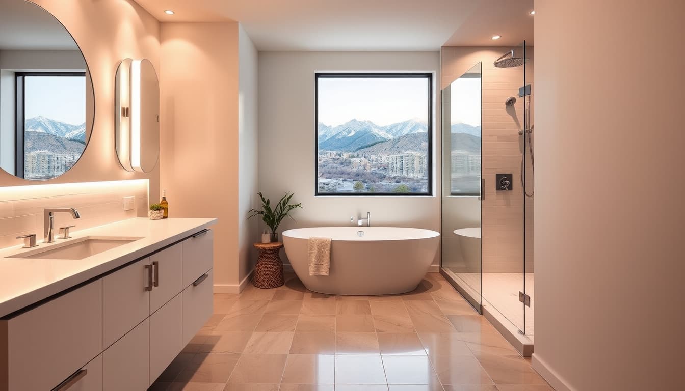 an elegant bathroom remodel showcasing a modern design, featuring sleek fixtures, stylish tiles, and ambient lighting. the setting includes a luxurious bathtub, a spacious shower, and a clean, organized layout, surrounded by hints of denver's mountainous landscape through a window.