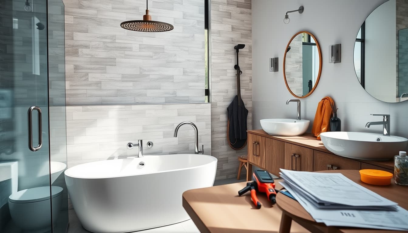 a modern bathroom remodeling scene in a denver home, featuring stylish fixtures, bright natural lighting, and construction tools. include elements like a bathtub, tiles, and a renovation plan on a nearby table, capturing the essence of home improvement in an urban environment.