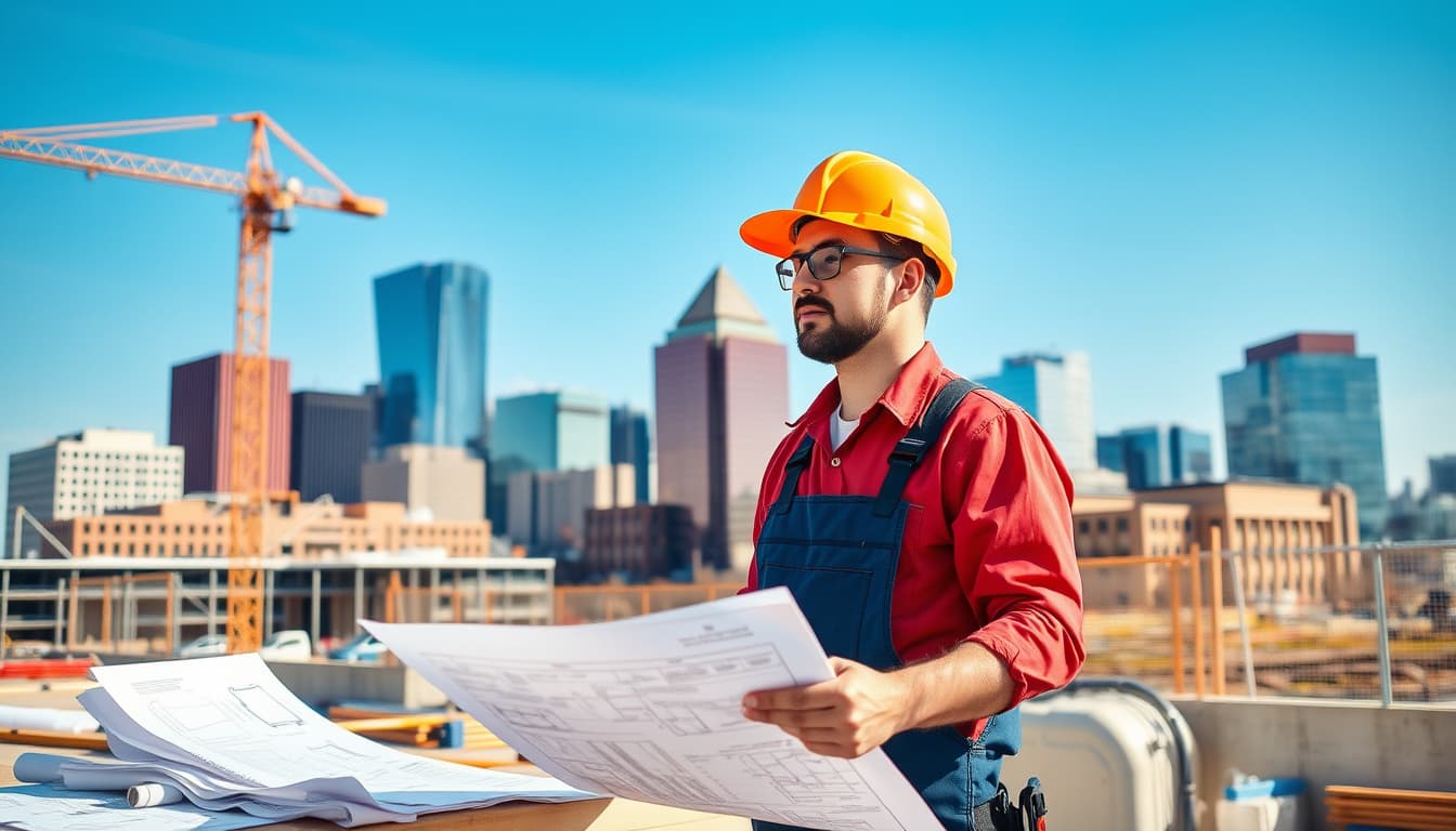 a skilled plumber inspecting a construction site in denver, surrounded by blueprints and plumbing materials, with iconic denver architecture in the background and a clear, sunny sky.