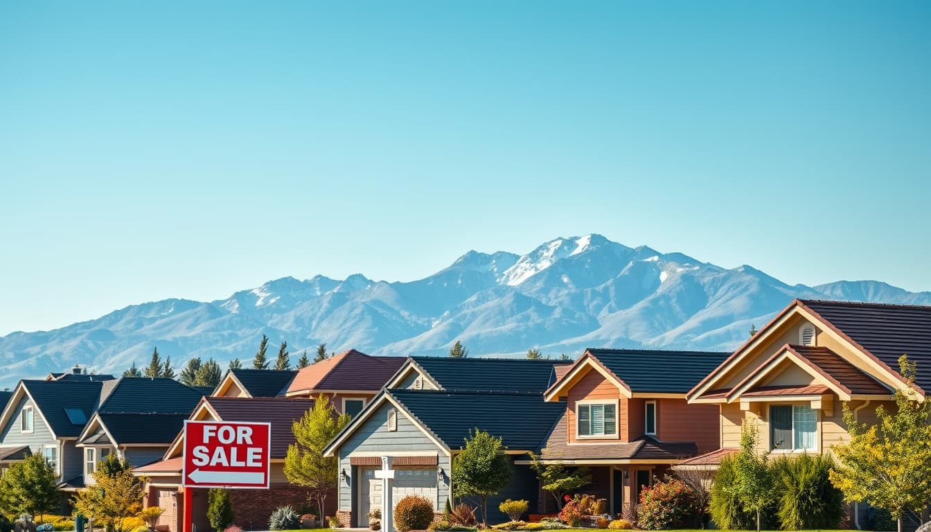 a scenic view of a denver neighborhood showcasing homes with freshly installed roofs, with a focus on a ‘for sale’ sign in the front yard of one house. the background features the rocky mountains under a clear blue sky, symbolizing the importance of building permits in ensuring safe and attractive homes during sales.