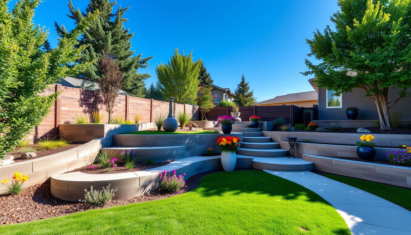 a captivating photograph of a denver backyard showcasing beautifully arranged concrete work with varying heights and gentle slopes, surrounded by lush greenery and vibrant flowers, under a clear blue sky.