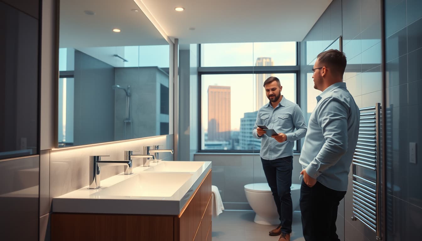 a modern bathroom remodeling scene in denver, showcasing a stylish design with sleek fixtures, bright lighting, and an inspector evaluating the renovation, all set against a backdrop of urban architecture.