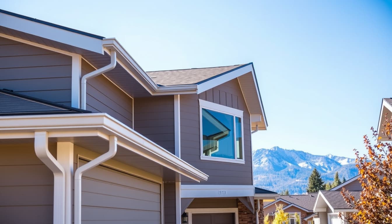 a modern home in denver showcasing stylish siding and upgraded gutters, with a backdrop of the rocky mountains under a clear blue sky. include elements that signify city code compliance, like building permits or architectural designs, and highlight a blend of urban and natural aesthetics.