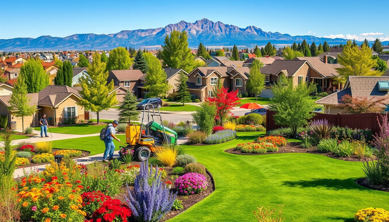 a picturesque denver suburban landscape featuring a diverse range of well-maintained gardens and vibrant flora. highlight various landscapers at work, showcasing tools and techniques amidst a backdrop of the rocky mountains and charming homes, emphasizing harmony with nature and community.