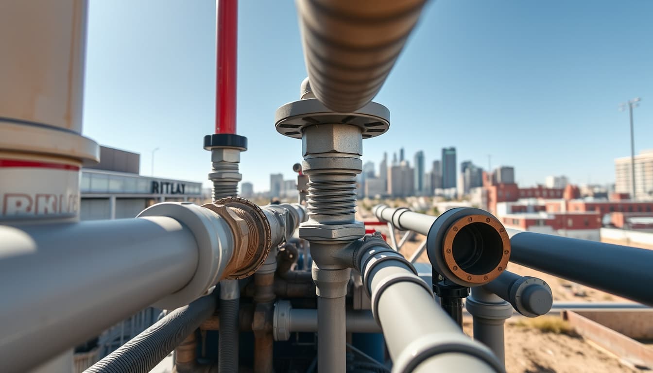 a close-up view of intricate drainage pipes and plumbing fixtures in a modern urban environment, showcasing a blend of industrial and residential designs, with denver's skyline in the background under a clear blue sky.