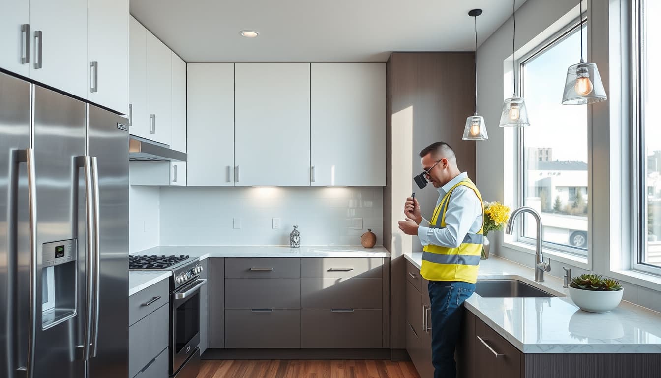 a modern denver kitchen featuring sleek cabinetry, stainless steel appliances, and stylish countertops, with a home inspector examining the details and ensuring everything meets high standards, illuminated by bright natural light from large windows.