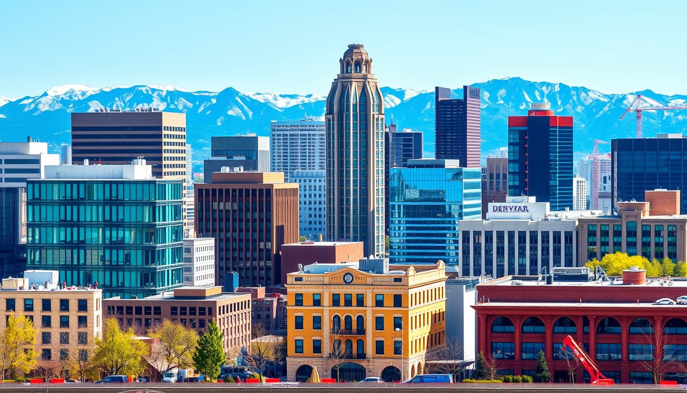 a cityscape of denver featuring modern and historical buildings, with construction workers making non-structural updates like painting and landscaping. include elements like blue skies and mountains in the background, showcasing a vibrant urban atmosphere.