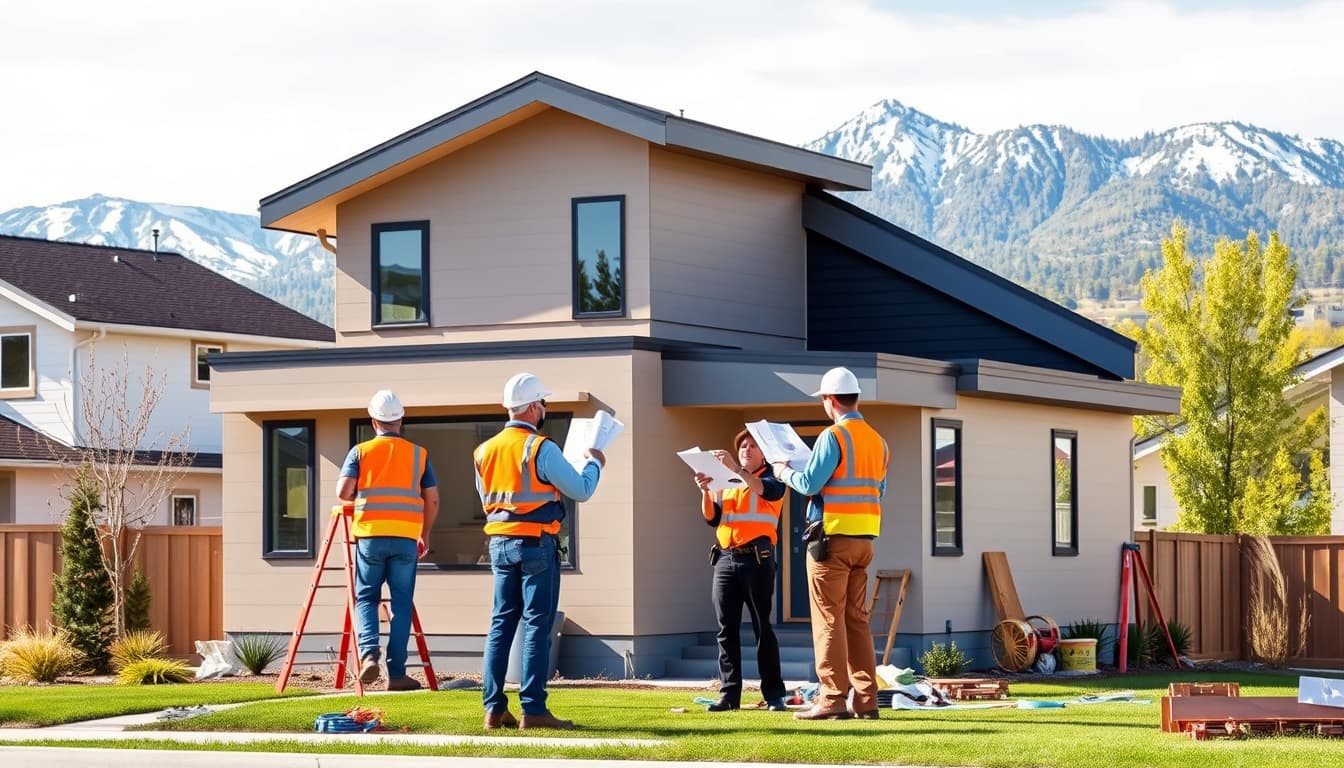 a vibrant scene of home renovation in a denver neighborhood, showcasing builders working on a modern house while an inspector checks safety codes. include construction tools, blueprints, and mountainous views in the background, capturing the essence of urban home remodeling and community development.