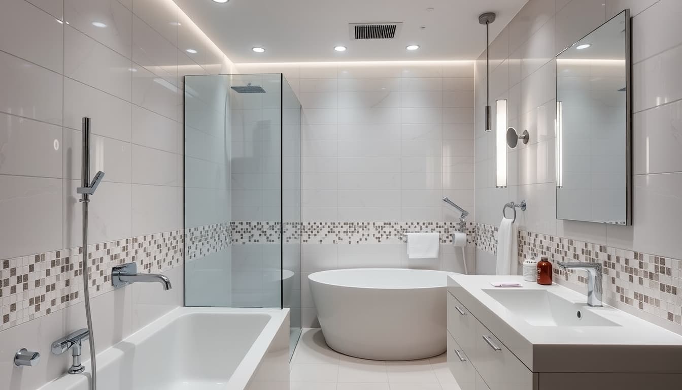 a beautifully remodeled modern bathroom featuring sleek fixtures, stylish tiles, and elegant lighting, showcasing a blend of functionality and aesthetics. include subtle elements indicating renovation such as tools or blueprints lightly in the background.