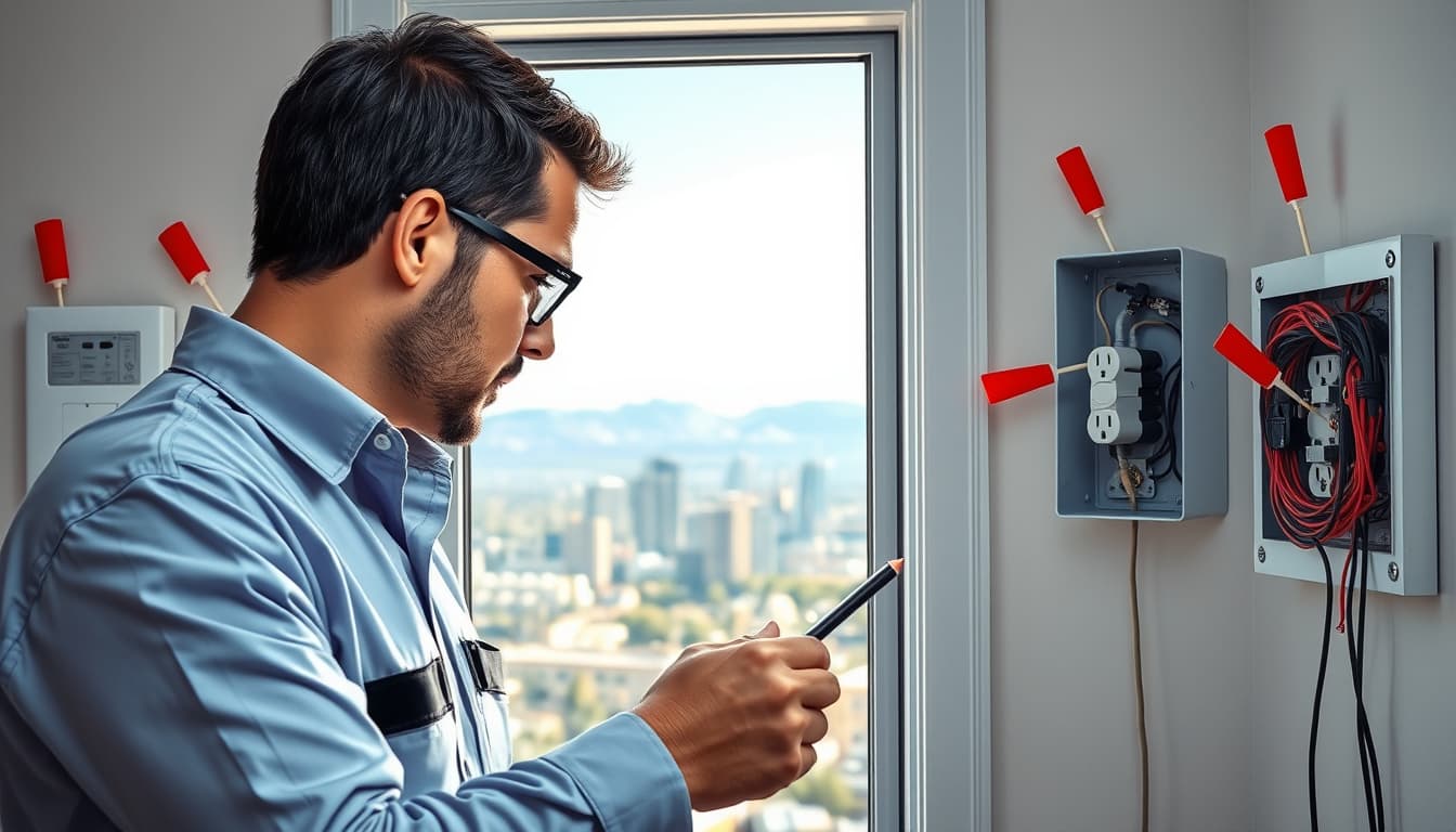 a detailed scene of an electrical inspection in a residential setting in denver, featuring a focused inspector examining wiring and outlets, with red flags subtly indicated around potential issues, including outdated electrical panels and frayed wires, amidst a backdrop of the denver skyline and mountains in the distance.