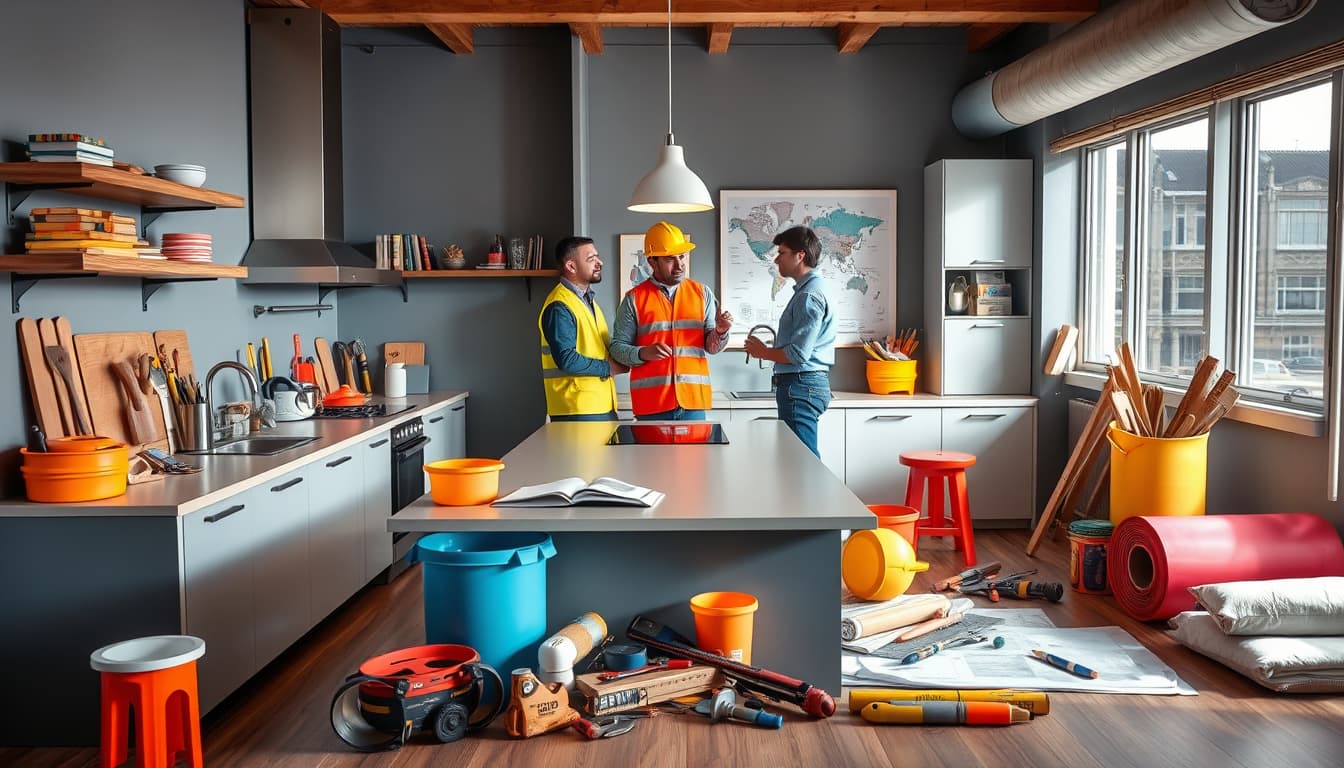 an inviting, modern kitchen with a variety of remodeling tools and materials scattered around, showcasing vibrant colors and sleek designs. include elements like a contractor discussing plans with homeowners amidst a backdrop of construction permits and blueprints, symbolizing a kitchen renovation in denver.