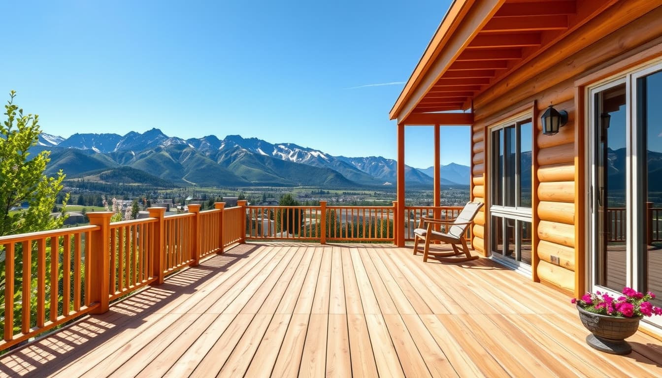a newly constructed wooden deck in a backyard setting in denver, with the majestic rocky mountains in the background. the scene is sunny, showcasing landscaping features like flowers and bushes around the deck, evoking a sense of outdoor relaxation and home improvement.