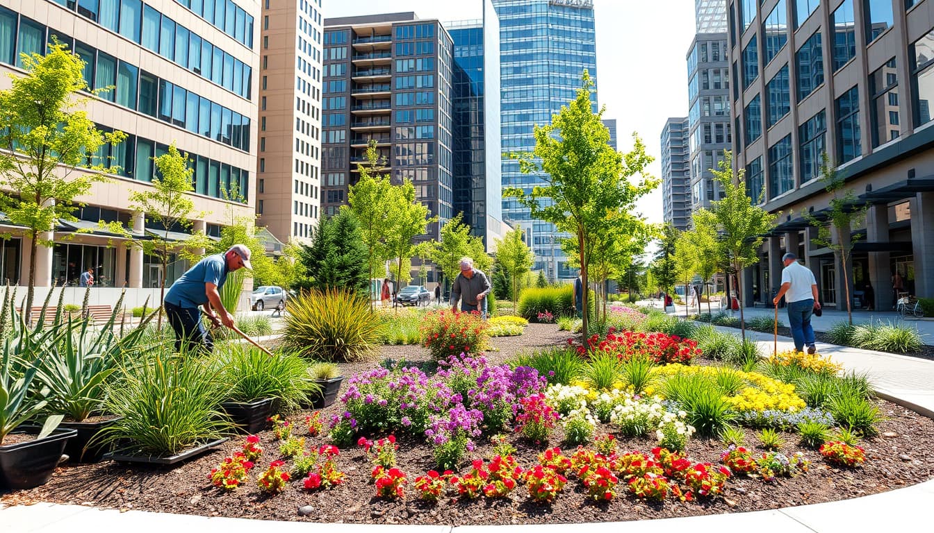 a vibrant scene of landscapers working in a landscaped garden in denver, surrounded by modern urban buildings. the image captures a sunny day with greenery, flowers, and people in action, highlighting the importance of adherence to city regulations in landscaping.