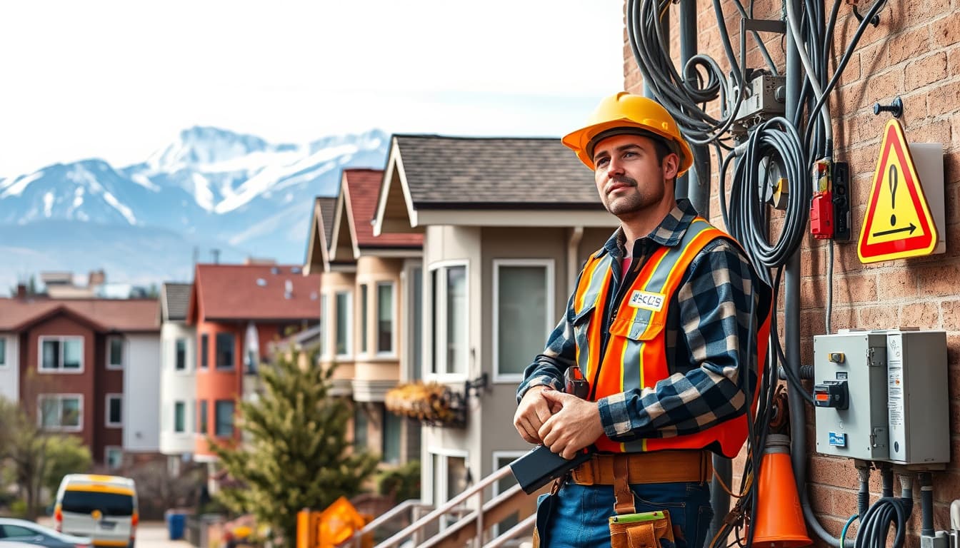 an urban scene showing a skilled electrician working on residential electrical systems in a denver neighborhood, with the rocky mountains in the background, illustrating a mix of traditional and modern architecture. the electrician is using hand tools and safety gear, surrounded by elements like circuit breakers, wires, and safety signs.