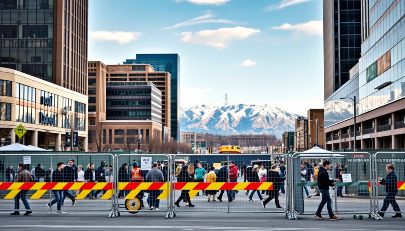 a bustling urban scene in denver featuring various types of temporary fencing, such as construction barriers and crowd control fences, set against a backdrop of modern buildings and the rocky mountains. the image captures the essence of city life, with people interacting around the fences, showcasing the need for safety and organization in public spaces.