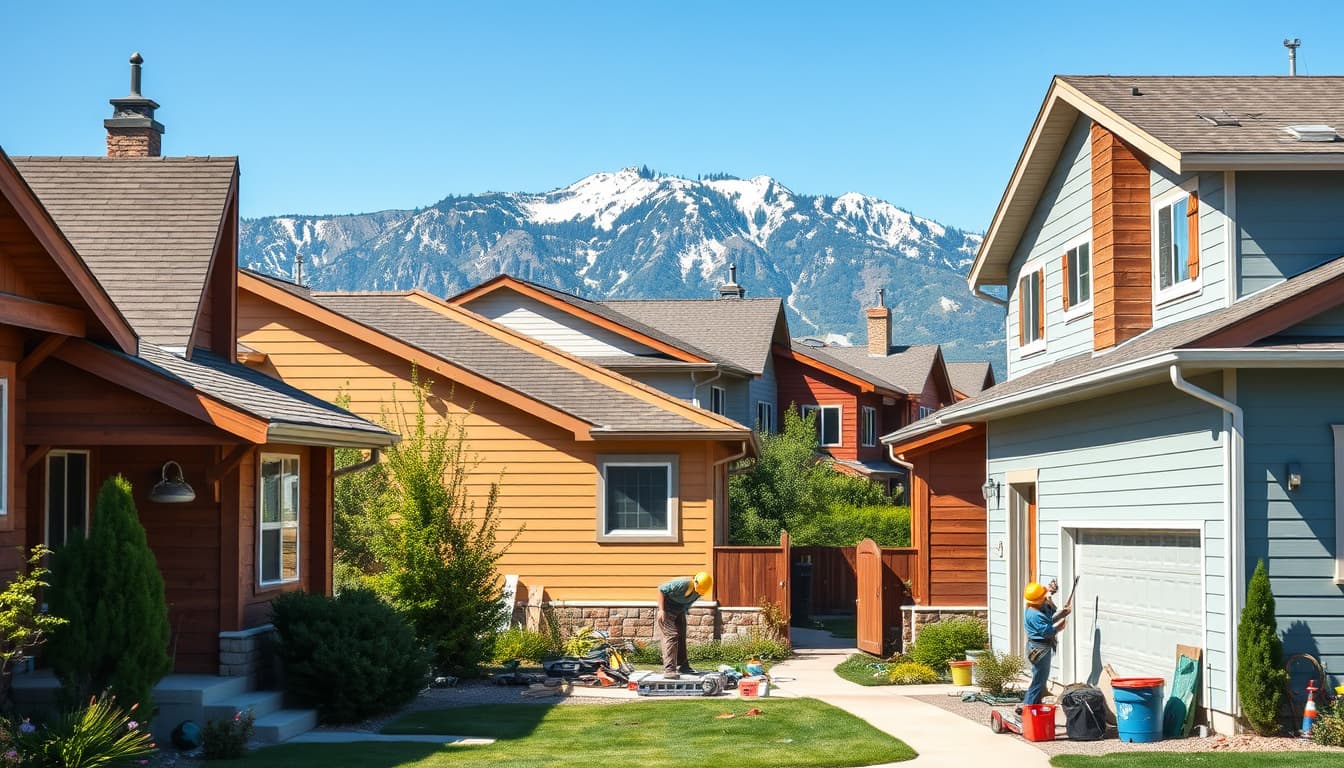 a picturesque view of a residential neighborhood in denver, featuring various houses with diverse siding materials like wood, vinyl, and stucco. the scene captures a vibrant summer day, showcasing home improvement tools and construction workers tending to a house renovation, while emphasizing the mountainous backdrop and clear blue sky.