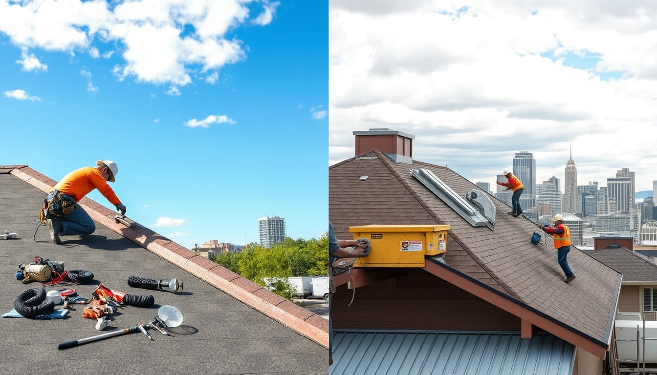a split image showing two contrasting scenes: on one side, a worker making small repairs on a roof under a clear blue sky with tools scattered around, and on the other side, a crew replacing a large portion of a roof under a cloudy sky, with machinery and safety equipment in use. the denver skyline is visible in the background, emphasizing the bustling urban environment.