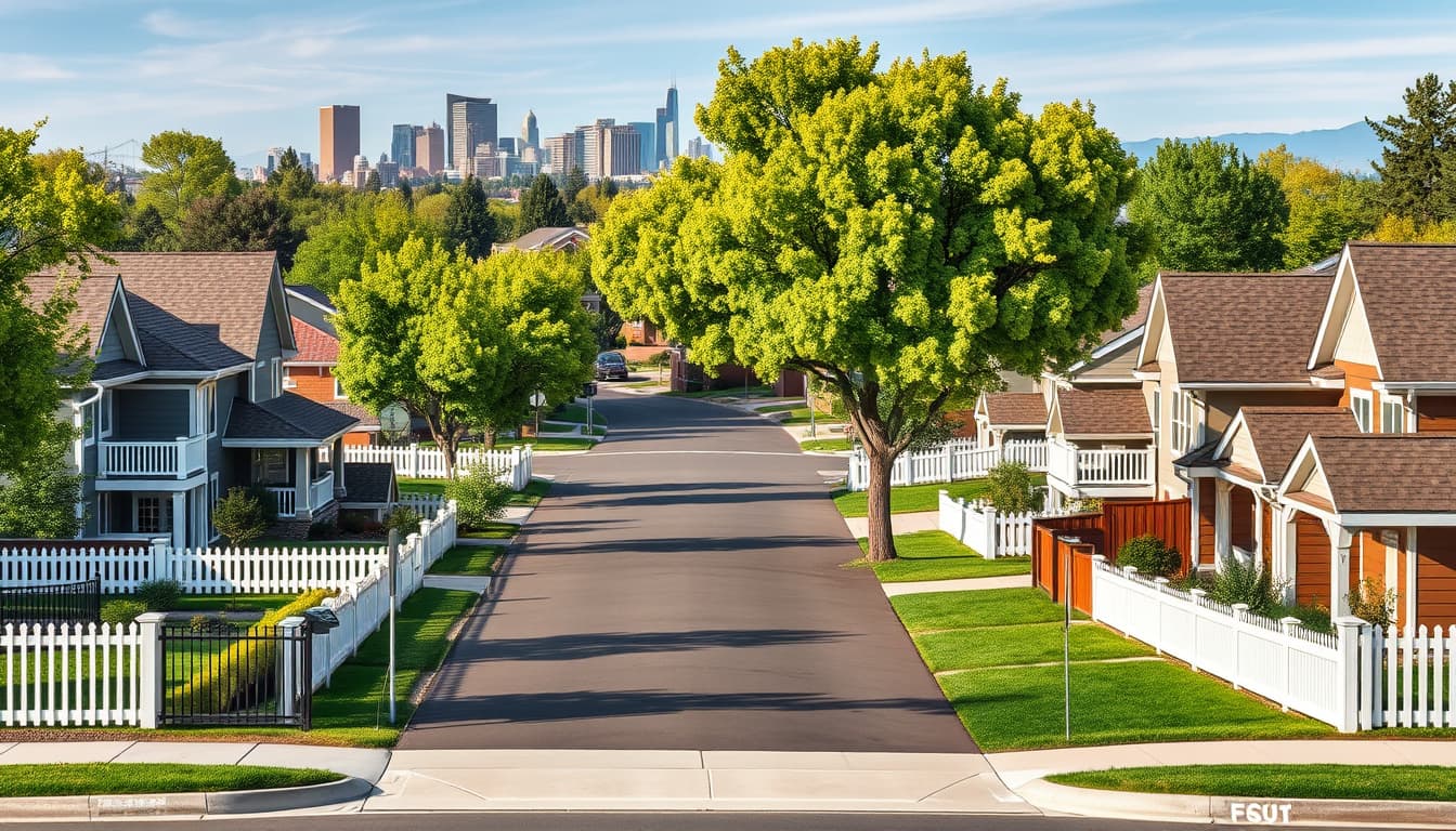 a serene neighborhood scene in denver featuring beautifully maintained homes with various fence designs. include elements like tree-lined streets, front yards, and subtle indications of hoa regulations, such as uniform landscaping and signage, while showcasing the city's skyline in the background.
