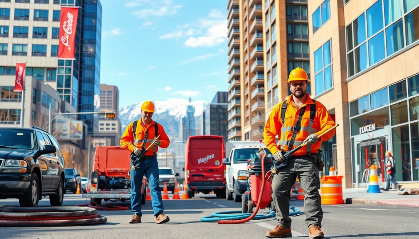 a busy denver street scene featuring plumbers at work, showcasing their tools and equipment. the background includes denver's cityscape with modern buildings, while a clear sky and mountains are visible, emphasizing the vibrant urban landscape.