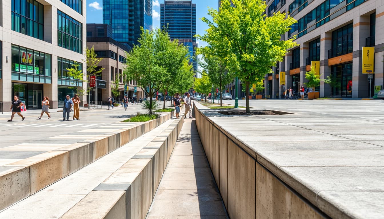 a busy urban scene in denver featuring various concrete walkways, surrounded by modern buildings, trees, and pedestrians. the focus is on the textures of the concrete and the vibrant city life, highlighting the contrast between the man-made paths and the natural elements.