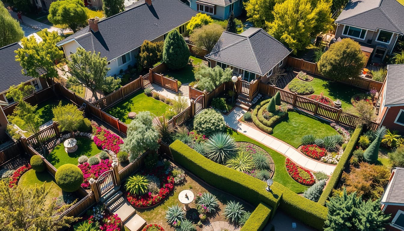 an aerial view of a denver neighborhood showcasing beautifully landscaped gardens with intricate fencing designs, highlighting the blend of natural greenery and architectural elements. include features like decorative fences, vibrant flowers, and neatly trimmed hedges in a sunny urban setting.